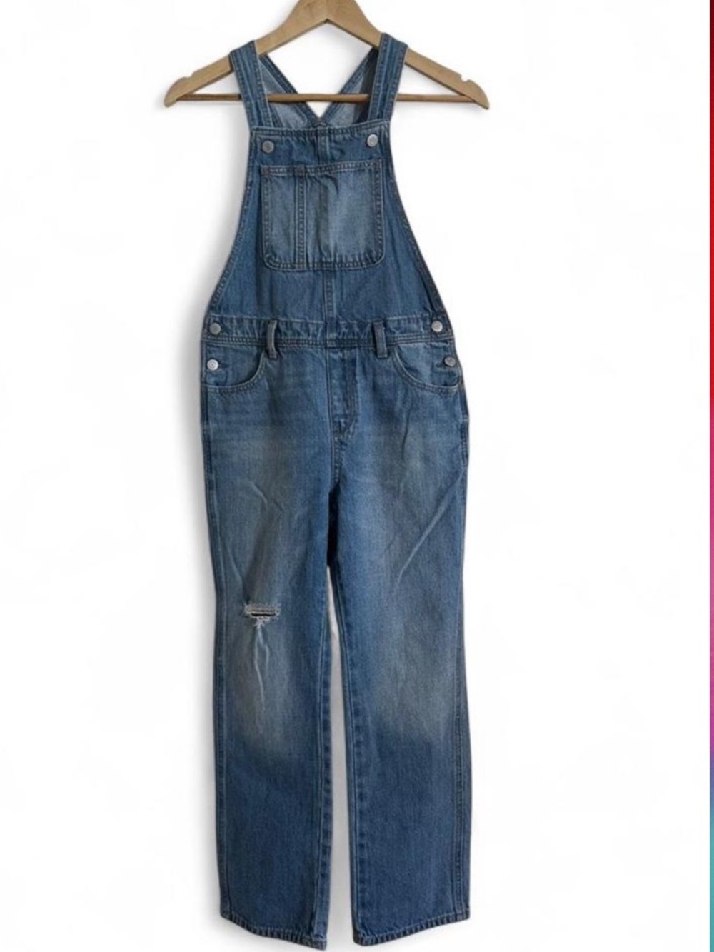 Old Navy Denim Overalls Youth L 10-12/Women’s XS Distressed 90s Vintage Style - Picture 3 of 9